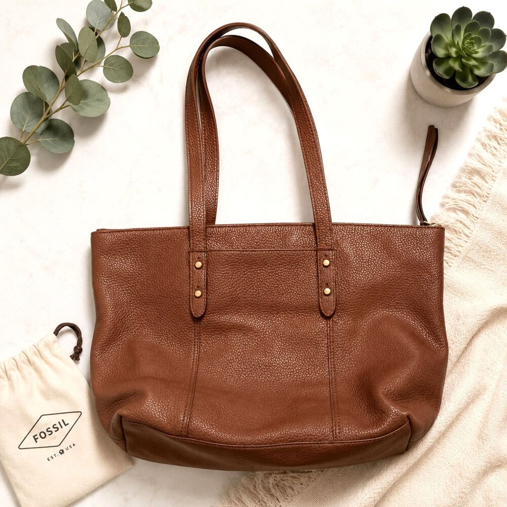 Fossil Brown Pebbled Leather Shoulder Tote Bag Large Zip Top Purse